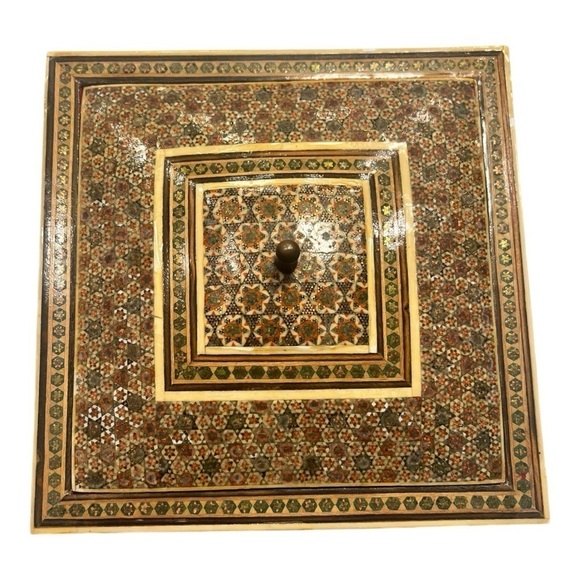 Vintage Intricate Micro Mosaic Lidded Box Velvet Lining Inlaid Marquetry - Picture 5 of 6